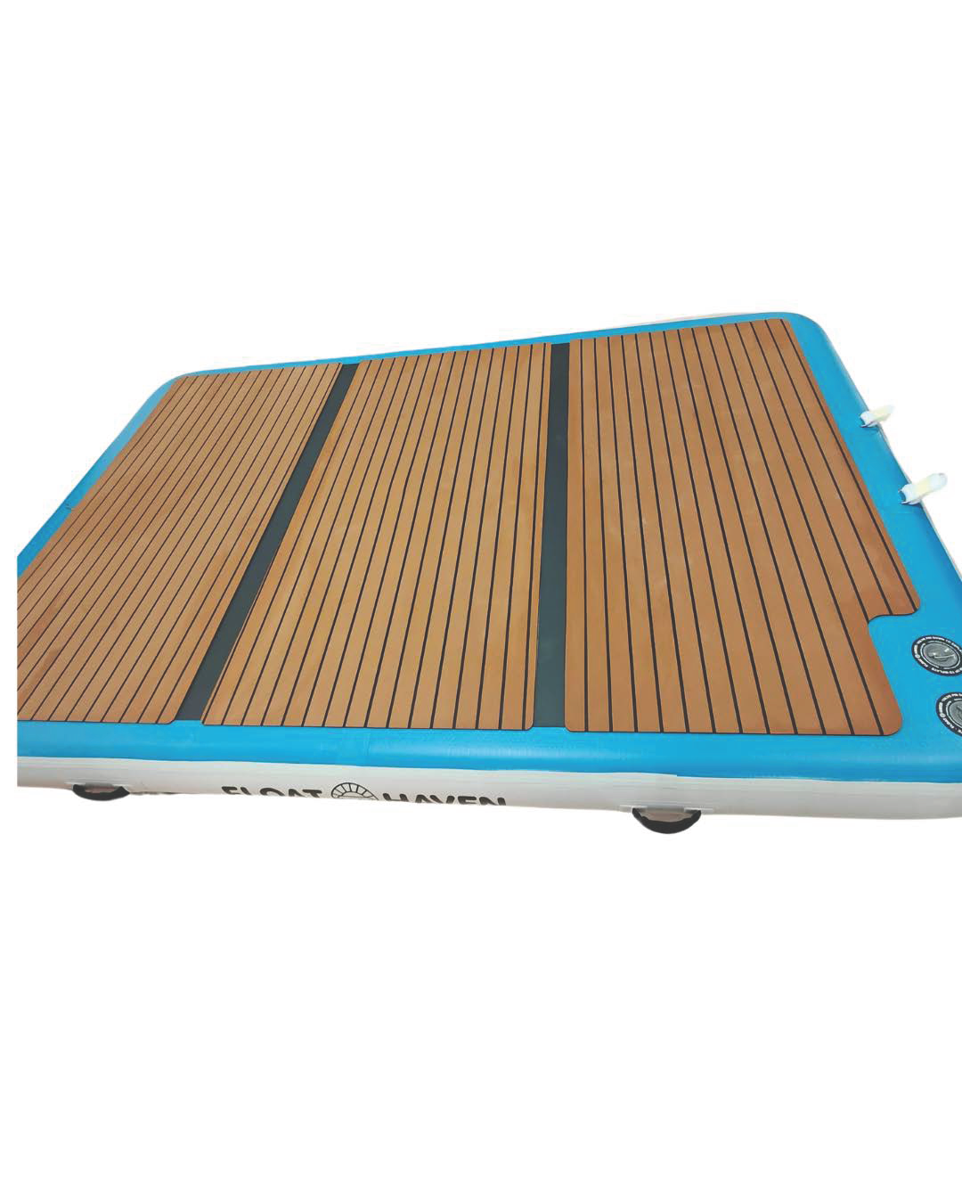 Float Haven inflatable floating island platform with wood-style non-slip surface for stability and comfort.