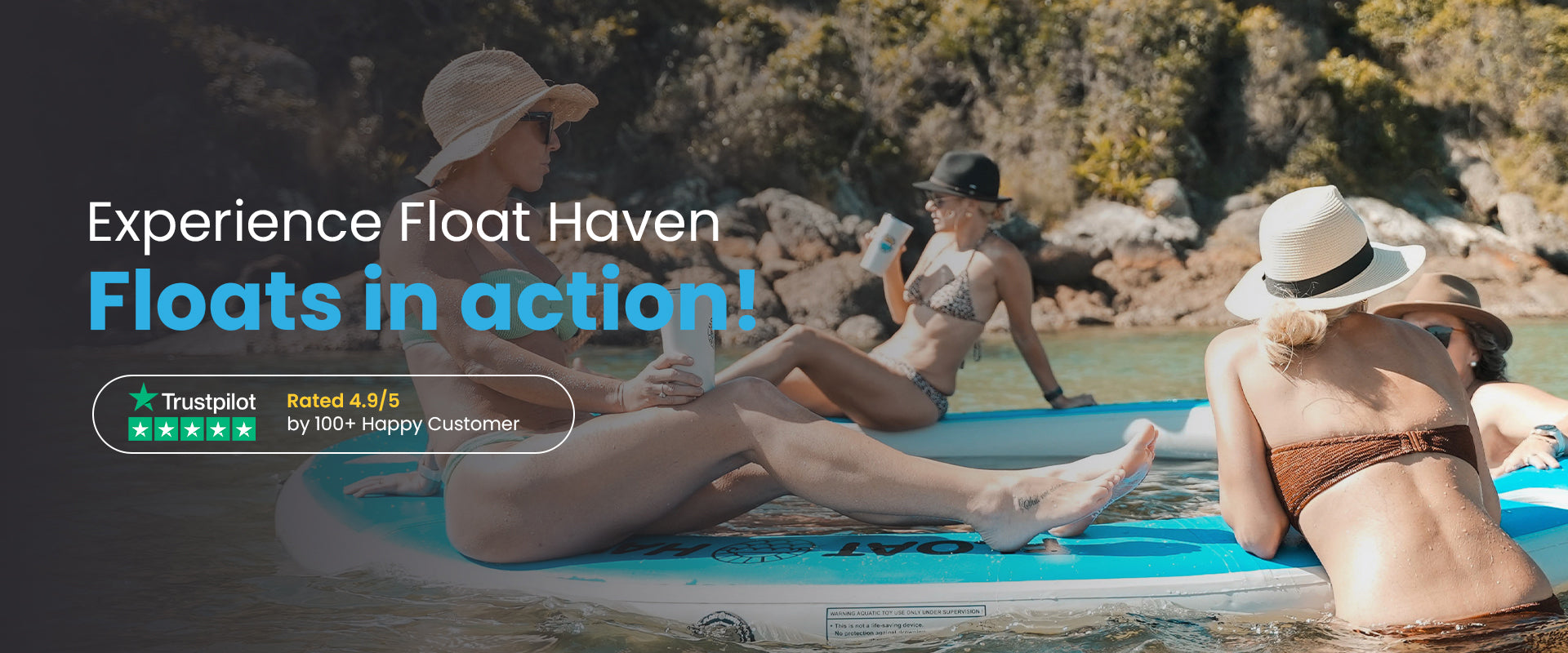 Family enjoying floating island in water at sunset