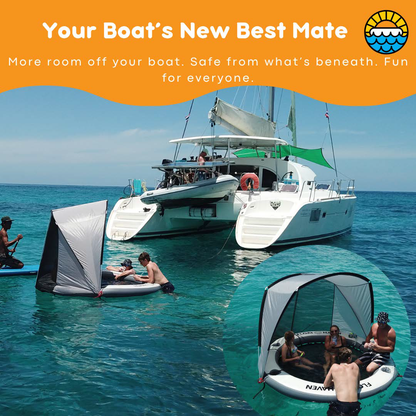 Boaters enjoying a Float Haven floating island beside their yacht.